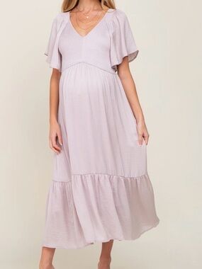 Maternity V-Neck Lavender  Maxi Dress with Flutter Sleeves